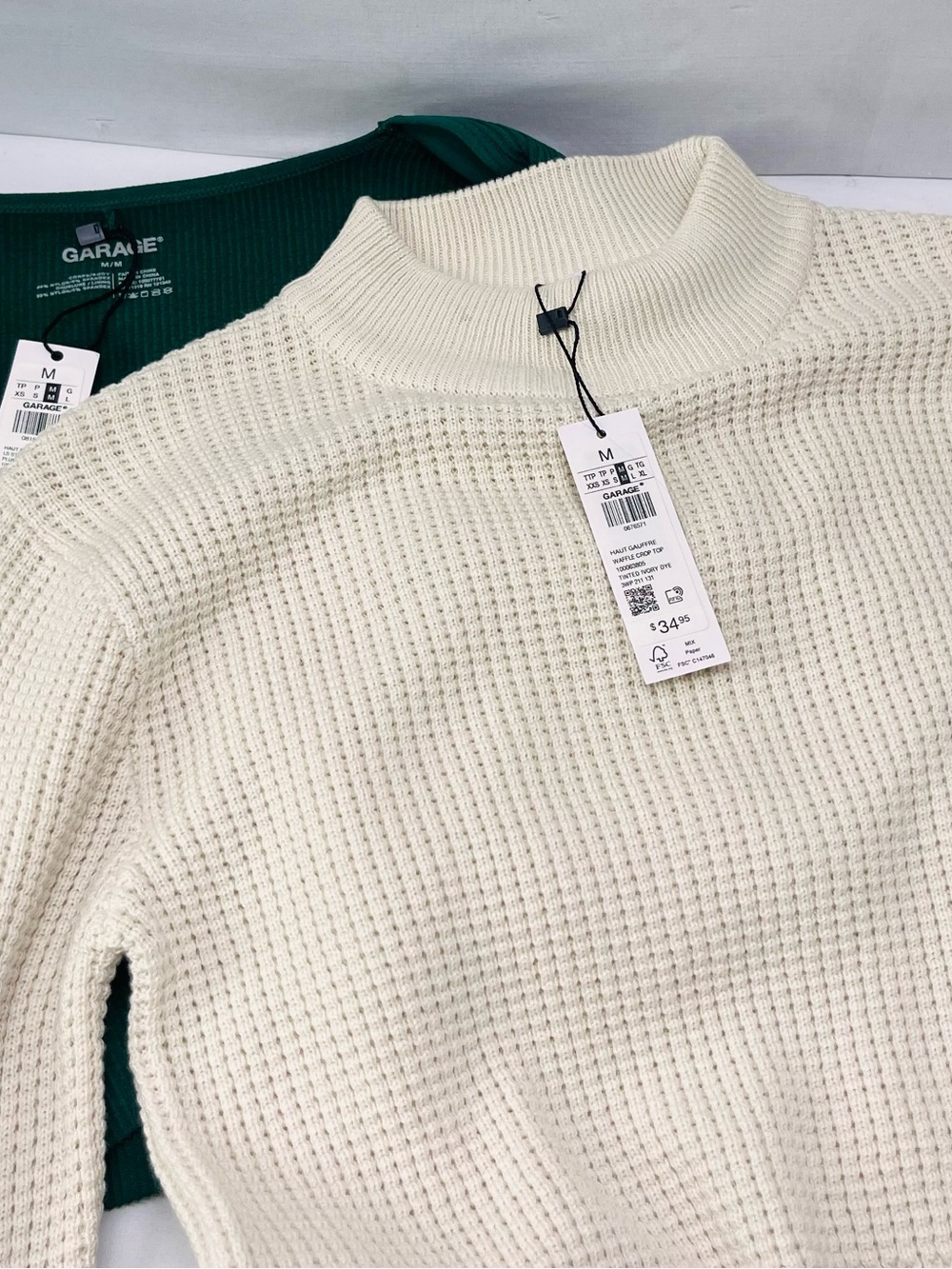 Garage Cream Waffle Knit Mock Neck Sweater and green cropped top